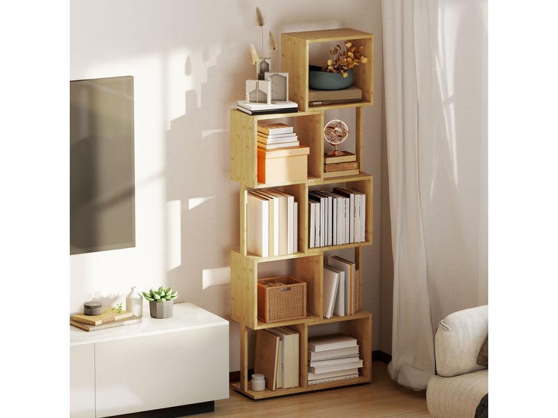  Bibliothèque asymétrique moderne à 5 niveaux en bambou, 62,5 x 23 x 165 cm, couleur bois naturel  - Conforama C