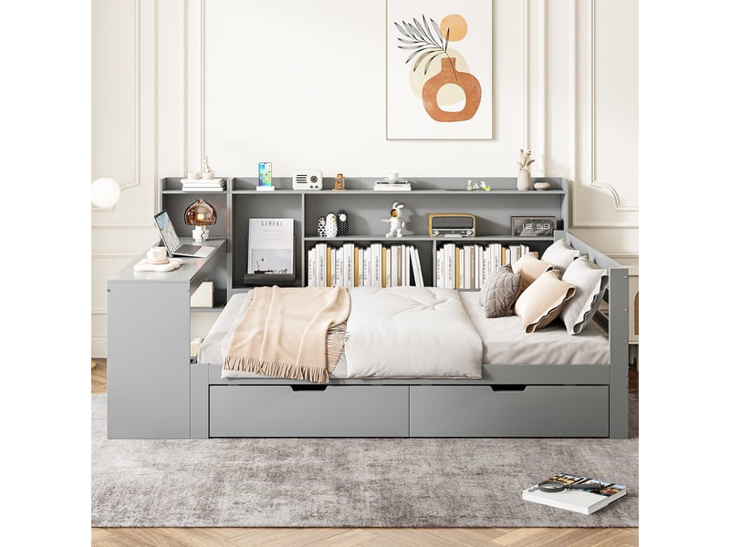  Lit banquette en bois massif 140*200 cm gris, bureau, bibliothèque, prises et 2 grands rangements  - Conforama C