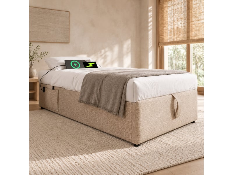  Lit coffre 200x90 cm en lin, lit simple avec rangement, usb, type-c et poche, sans matelas, beige et naturel  - Conforama C
