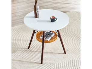 Table à manger ronde,ø80 cm,avec panier de rangement,mdf,blanc et bois noyer