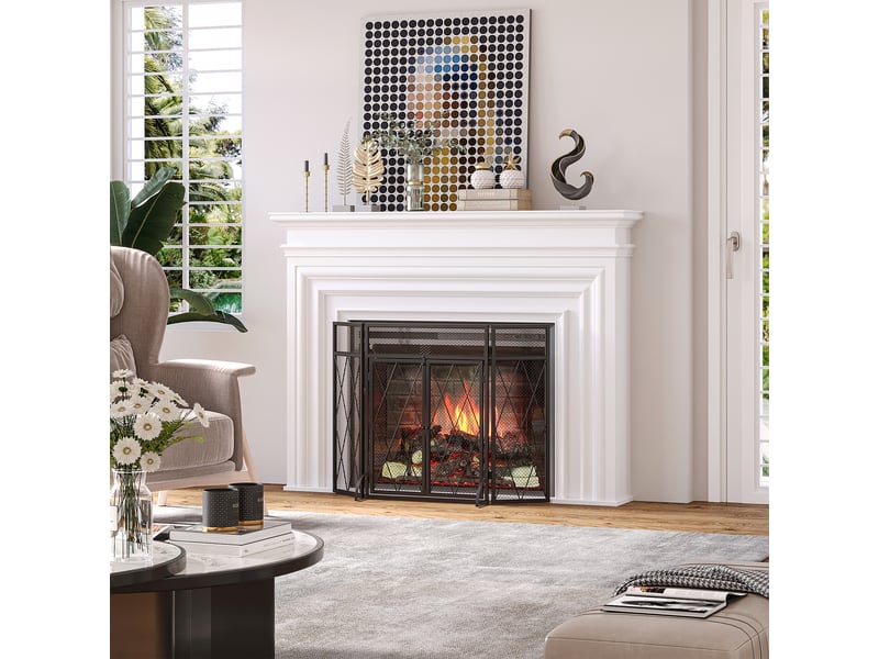  Grille de protection pour cheminée 120 x 79 cm, pare-feu pour cheminée ou poêle, pare-étincelles, barrière de sécurité, 3 volets pliables et porte  - Conforama D