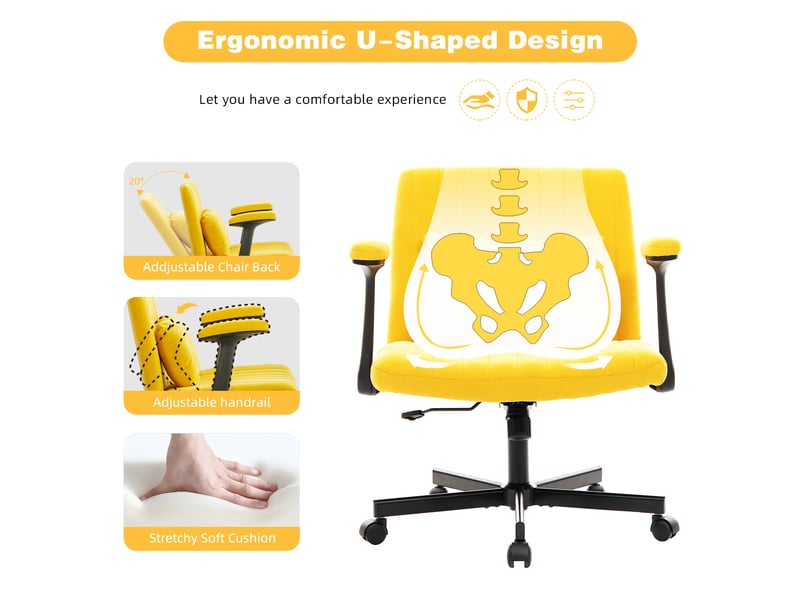  Chaise de bureau pivotante avec accoudoirs rabattables - lpospi - hauteur réglable, tissu velours - jaune  - Conforama E