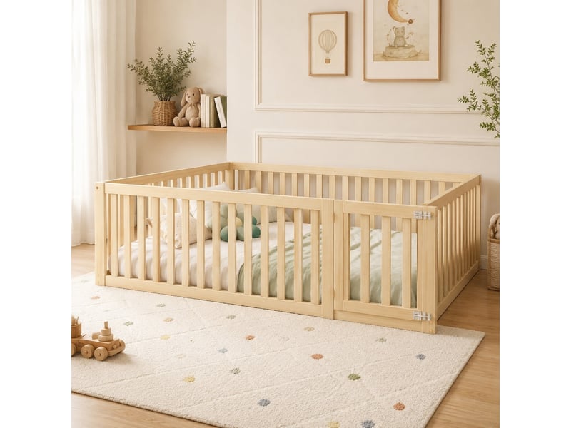 Lit au sol enfant 140x200 cm - en bois massif, avec barrière de 60 cm - sans matelas BrimViber - Conforama D