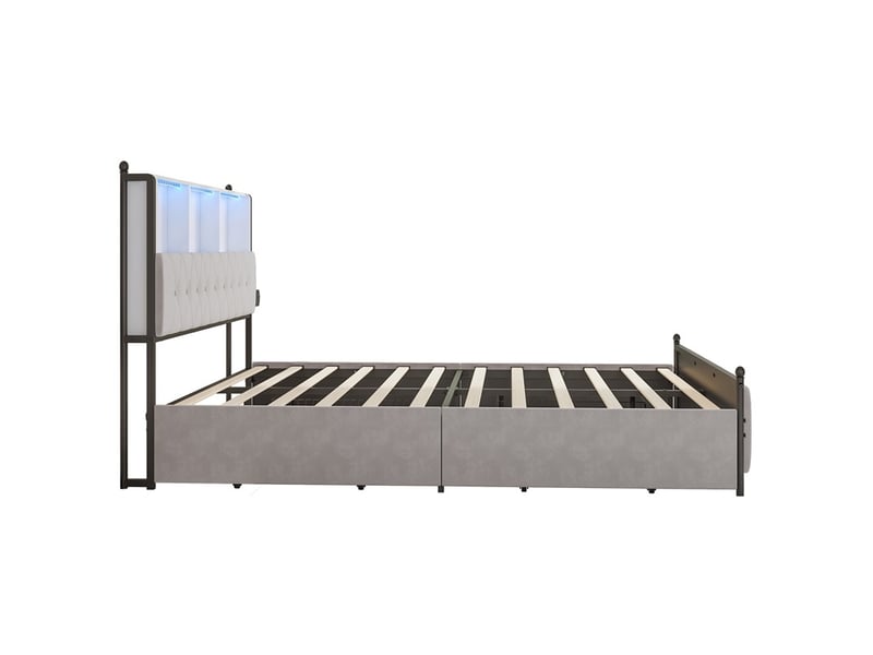  Lit 160x200cm - lit double 160x200cm - lit avec tête de lit de rangement led, station de charge et 4 tiroirs - beige  - Conforama A