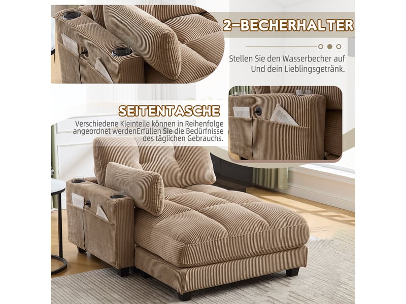 Canapé en velours côtelé kaki avec accoudoirs réversibles, coussins assortis et port usb intégré - Conforama E