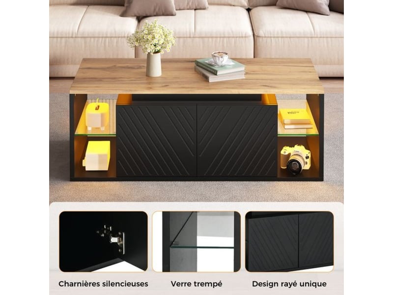  Table basse avec éclairage led 100 × 50 × 41 cm,étagère semi‑ouverte et 2 portes,table d'appoint pour canapé,table de salon,noire  - Conforama E
