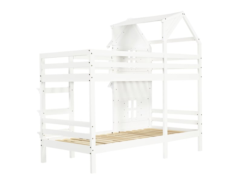  Lit superposé pour enfant, avec de jolies fenêtres et un toit élégant, des barrières de sécurité latérales, une échelle droite à trois marches, un sommier à lattes robuste, en pin, mdf et contreplaqué, blanc, 90 x 200 cm.  - Conforama E