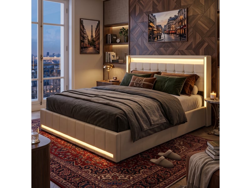  Dreammespace lit double king size 180x200 cm avec 4 tiroirs et prises usb type-c cadre led sommier à lattes tissu lin beige DreamMespace - Conforama C