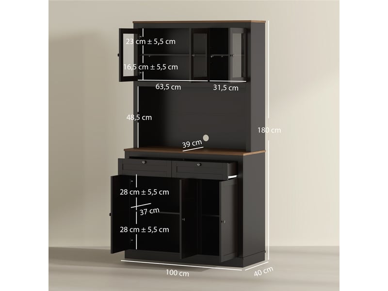  Buffet haut cuisine, armoire de cuisine, 6 portes, 2 tiroirs, plan de travail, étagères réglables, 100x40x180cm, noir  - Conforama C