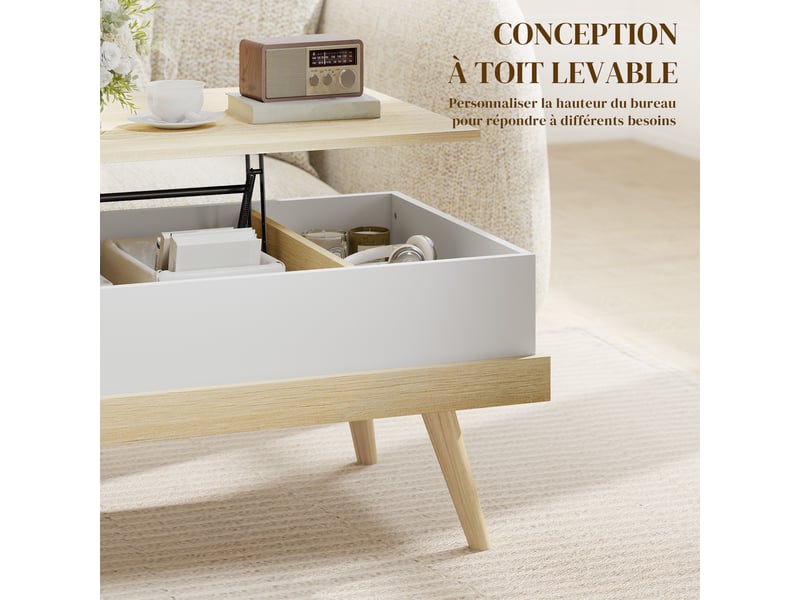  Table basse relevable avec 3 compartiments cachés, table de salon moderne, 100x79x54cm, pieds en bois, naturel blanc  - Conforama D