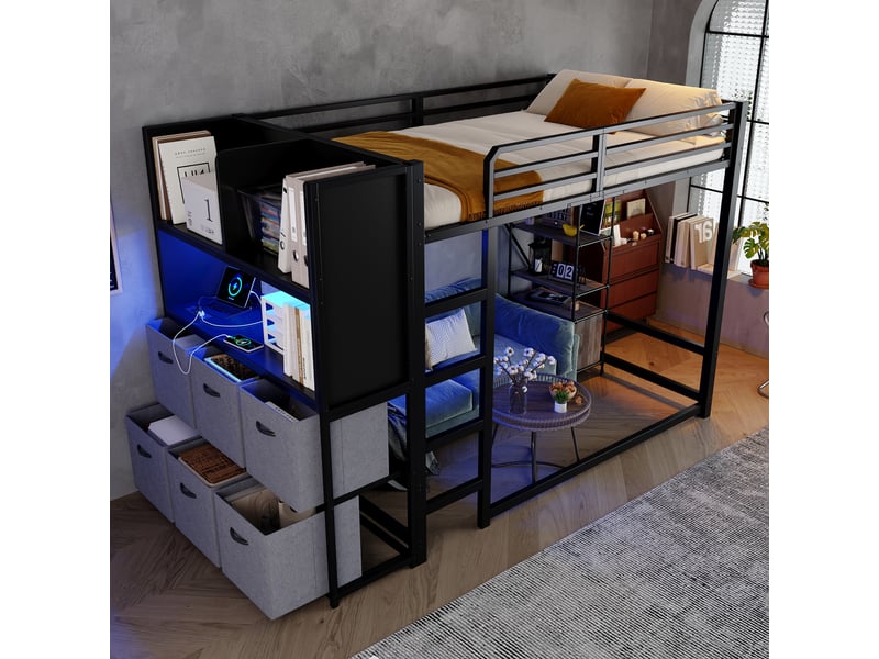  Lit mezzanine 120 x 200 cm en métal, échelle, rangements latéraux, tiroirs en tissu, éclairage, station de charge, noir evarich - Conforama E