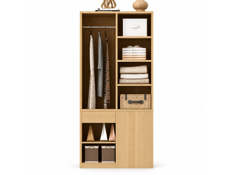  Armoire dressing 70x50x170 cm avec penderie à tringle, étagères ouvertes, tiroirs et grand compartiment de rangement, mdf effet bois naturel  - Conforama D