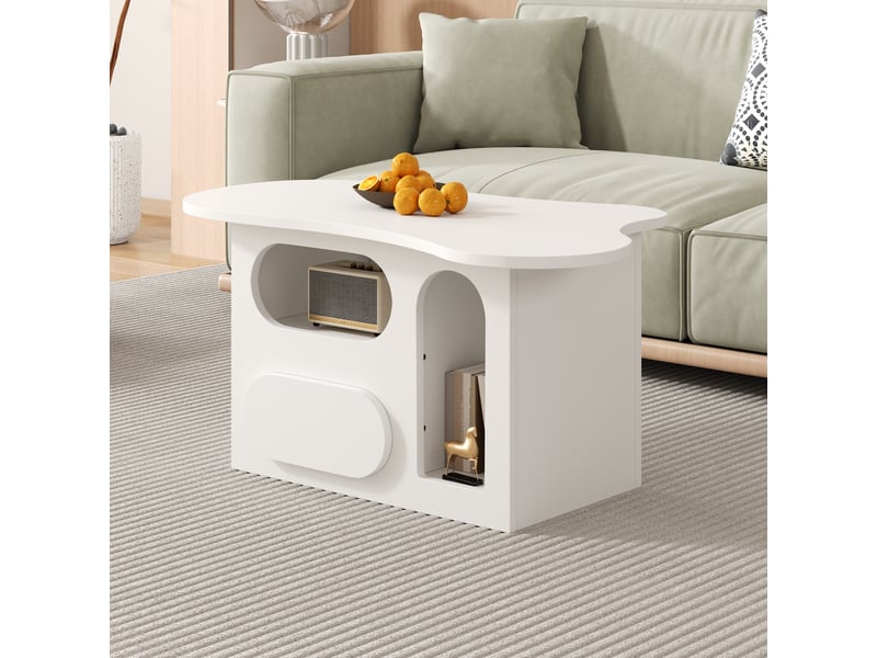  Table basse forme nuage avec 2 tiroirs et niches ouvertes, bords arrondis, pour salon, 97×45×43,5 cm  - Conforama D