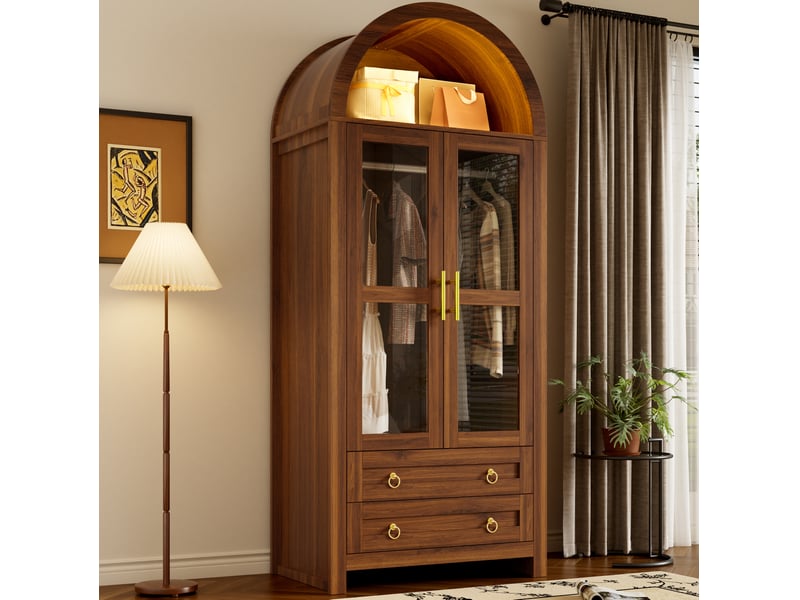  Armoire 76x50x185 cm à 2 portes vitrées, 2 tiroirs et led, finition noyer  - Conforama C