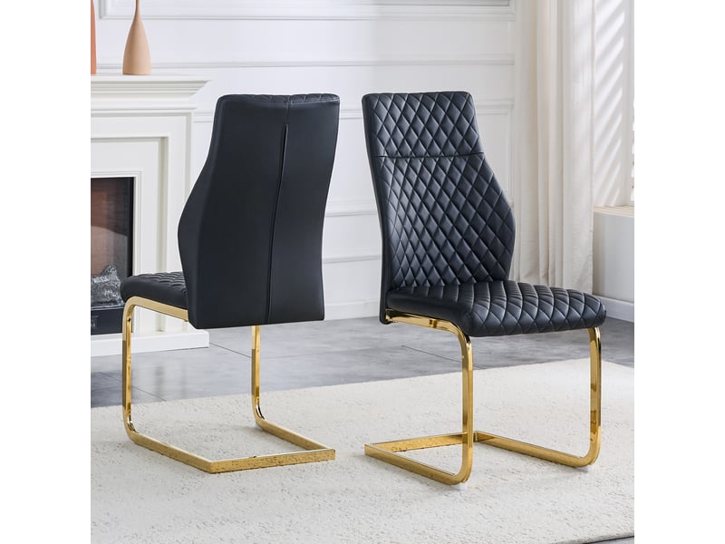  Chaises de salle à manger lot de 2 à dossier haut capitonné  - pieds antidérapants métal doré, simili cuir noir  - Conforama B