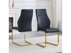 Chaises de salle à manger lot de 2 à dossier haut capitonné  - pieds antidérapants métal doré, simili cuir noir