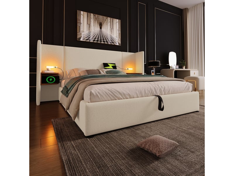  Lit double 180x200 cm – chevet intégré, lampe tactile, ports usb-c, coffre et sommier bois métal  - Conforama E