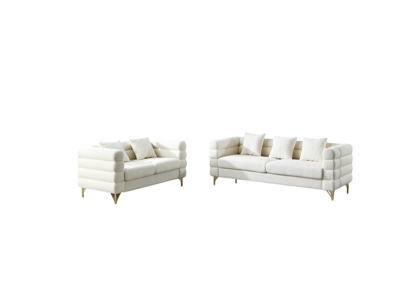 Canapé droit 5 places en ensemble 3 et 2 places avec dossier en forme de nuage et coussins en tissu bouclette blanc - Conforama A