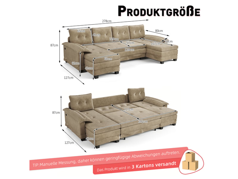 Canapé-lit convertible modulable en u 4 places en chenille camel avec ports usb - 278 x 127 x 87 cm - Conforama E