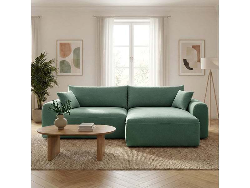 Canapé d'angle convertible vert 4 places tissu bouclé + coffre belair - Conforama B