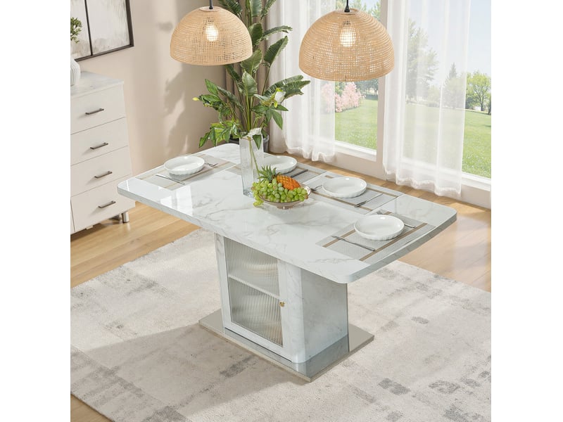  Table à manger extensible tcqpz 120 à 160 x 80 cm avec rangement mdf acier verre blanc effet marbre  - Conforama D