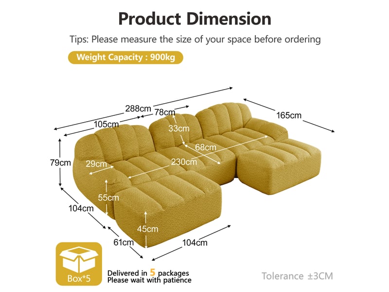  Canapé d'angle modulaire 3 places avec ottoman, assise profonde et dossier ergonomique en fleece jaune  - Conforama E