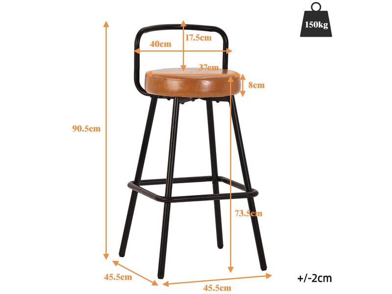  Tabouret de bar avec dossier ergonomique, assise rembourrée et repose-pieds, en pu et métal marron  - Conforama D