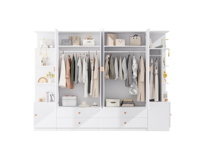  Armoire 6 portes 270x45x200 cm avec 4 tiroirs et 4 penderies blanc  - Conforama A