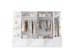 Armoire 6 portes 270x45x200 cm avec 4 tiroirs et 4 penderies blanc