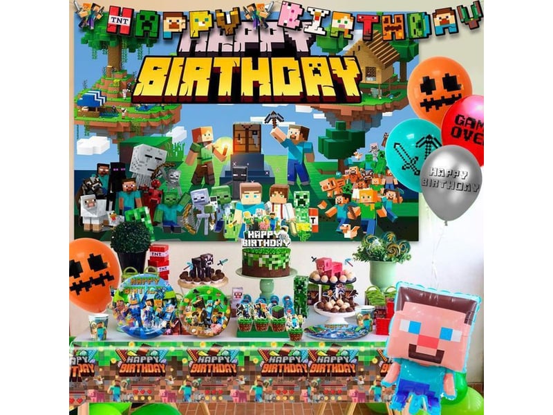  Décoration anniversaire minecraft lot avec bannière, assiettes, gobelets, serviettes, toppers et ballons  - Conforama D