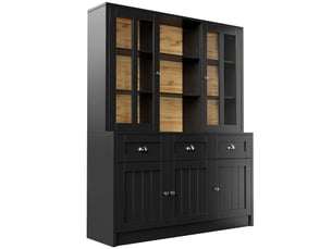Buffet haut noir, 140x38,5x175 cm, mdf et acrylique, portes coulissantes, tiroirs et étagères réglables pour la cuisine