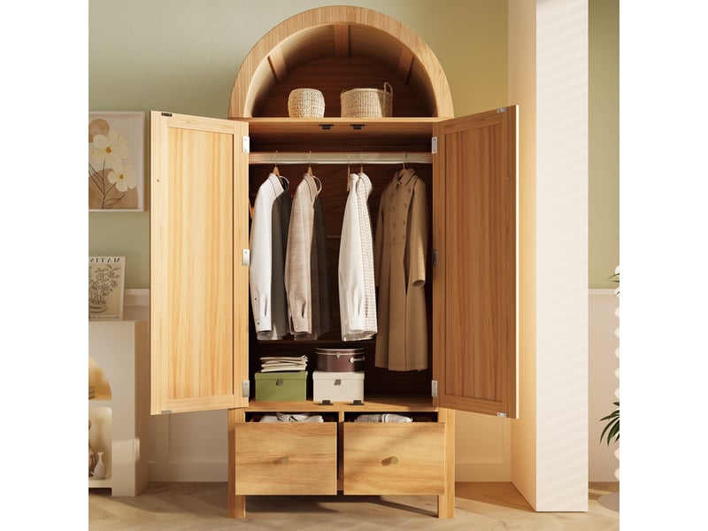  Armoire penderie 78x45x181 cm avec portes en cannage rotin, tringle, 2 tiroirs et étagère arrondie, style naturel effet chêne  - Conforama D