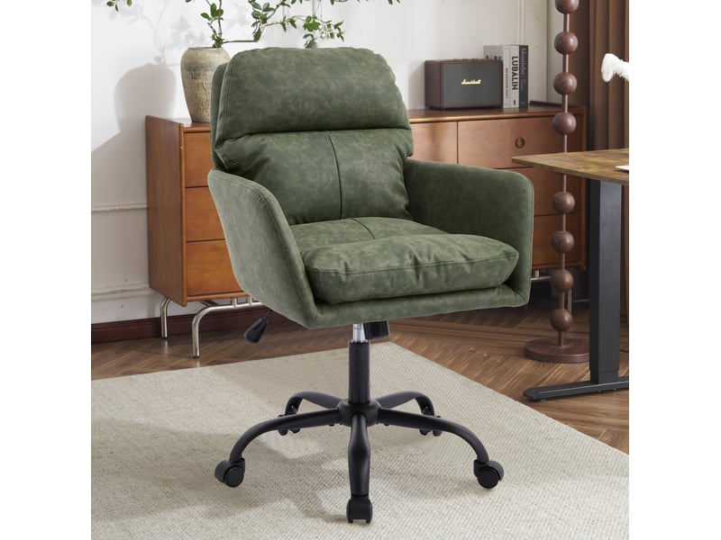  Fauteuil de bureau réglable en hauteur en cuir régénéré vert, base noire et rembourrage confortable  - Conforama D