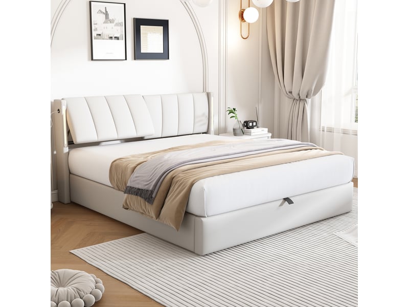  Lit coffre led 140x200 cm avec usb, tête de lit réglable, pu blanc sans matelas  - Conforama E