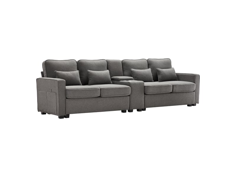  Canapé droit 4 places 290x83x88 cm en tissu effet lin avec console centrale, 2 porte-gobelets, ports usb et 4 coussins - gris  - Conforama A