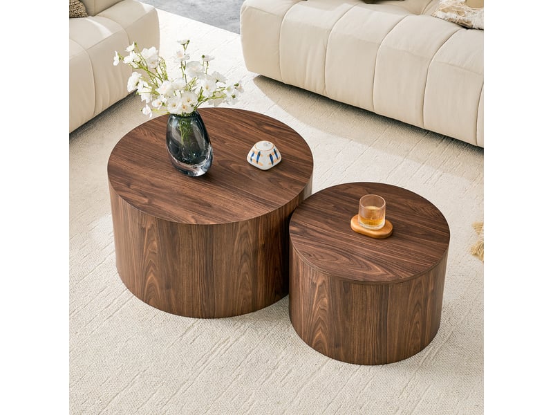  Lot de 2 tables basses rondes gigognes en mdf décor noyer avec rangement – ø 62,8 et 44 cm  - Conforama C