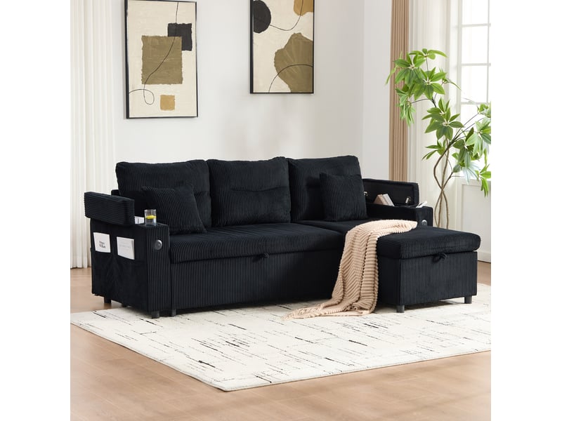 Canapé convertible 3 places en velours côtelé noir avec usb-c - Conforama W