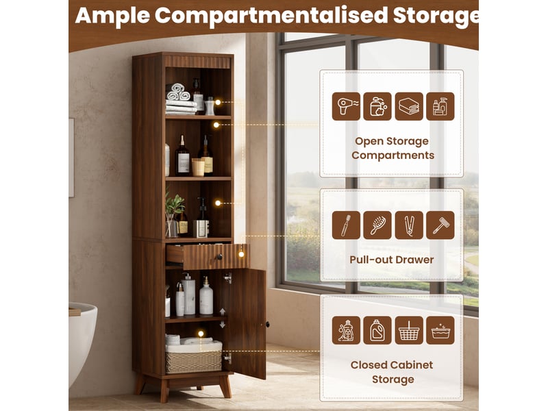  Armoire de salle de bain avec porte réversible, tiroir, niches ouvertes et fermeture douce, noyer, 40 × 36 × 172 cm  - Conforama E