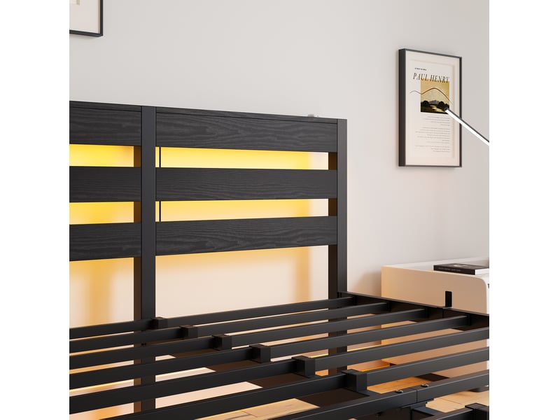  Cadre de lit, lit double 140x190 cm, rangement intégré, led, usb, métal et bois noir, sans matelas  - Conforama W
