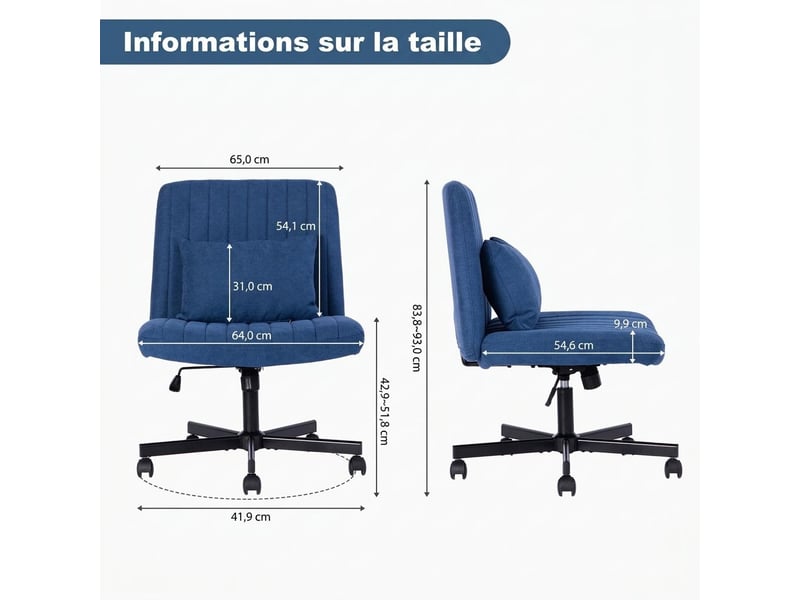 Chaise de bureau pivotante en tissu réglable en hauteur sans accoudoirs à roulettes silencieuses - Conforama E