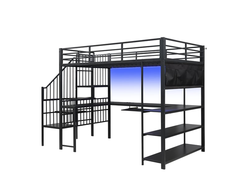 Lit mezzanine modenvie gaming 120 x 200 cm avec bureau en u led et escalier noir - Conforama A
