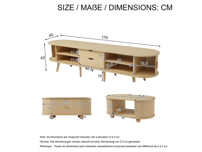  Ensemble meuble tv et table basse en mdf effet noyer clair, rangements intégrés, plateaux ovales et pieds en bois massif  - Conforama C
