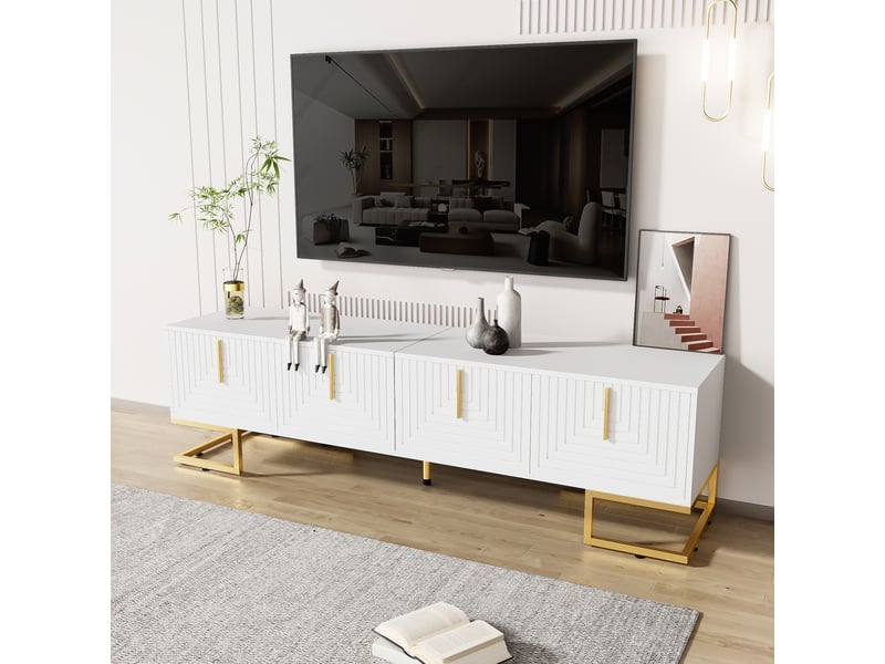  Meuble tv 4 portes avec étagères intégrées et pieds réglables, salon, en panneau de particules, 170×40×45,5 cm blanc  - Conforama B
