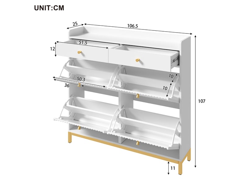  Meuble à chaussures 4 abattants et 2 tiroirs, blanc, 106,5 x 25 x 107 cm  - Conforama C