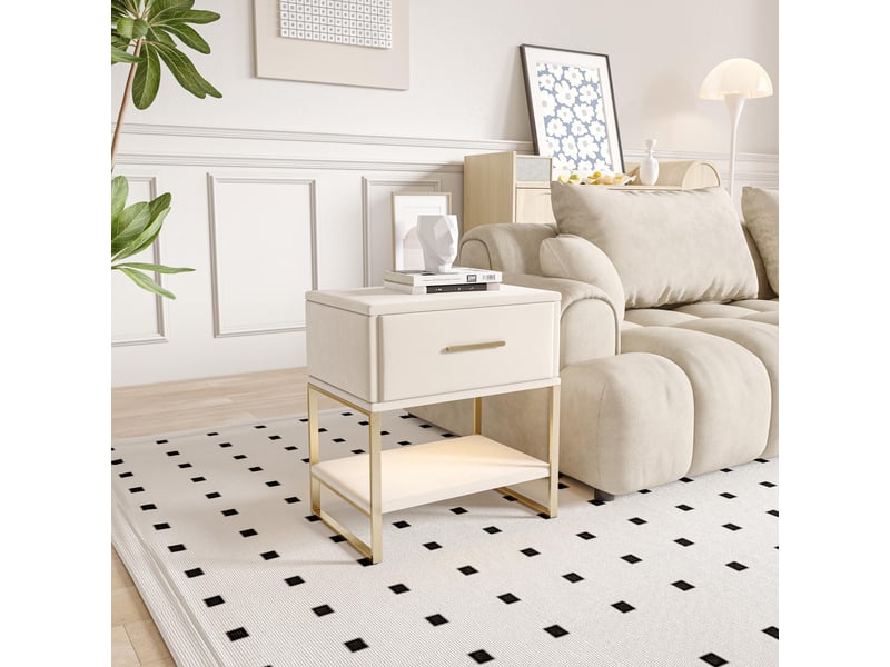  Lot de 2 tables de chevet 40x31x50cm avec tiroir et led rgb, bout de canapé en tissu et métal, design moderne luxe, beige  - Conforama D