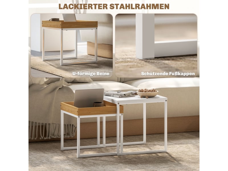 Tables basses gigognes lot de 2 avec plateau amovible style moderne pour salon en acier et mdf blanc effet chêne - Conforama E