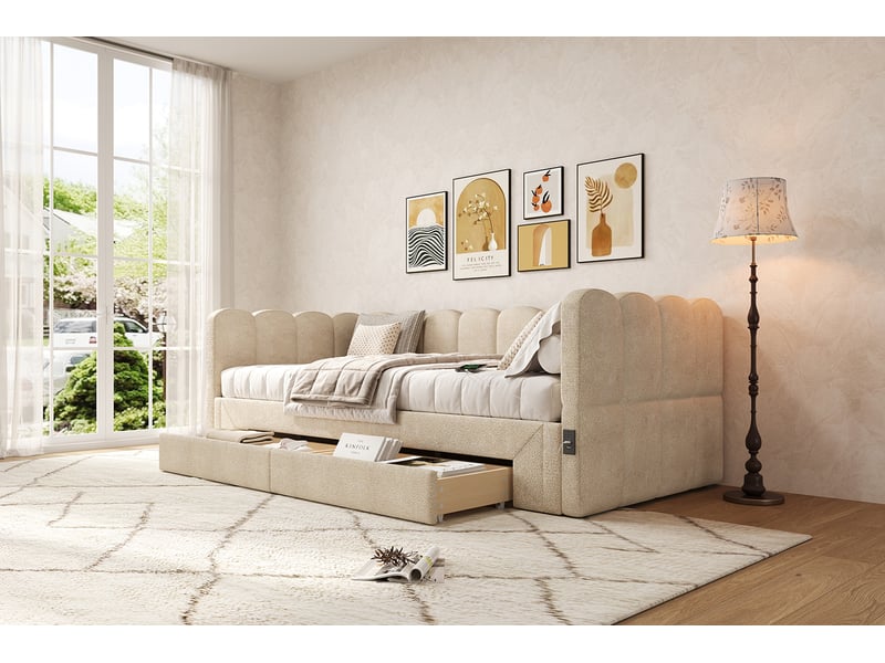 Lit banquette extensible 90 × 200 à 180 × 200 cm, 2 tiroirs, chenille beige IKSETERA TRADING LTD - Conforama E