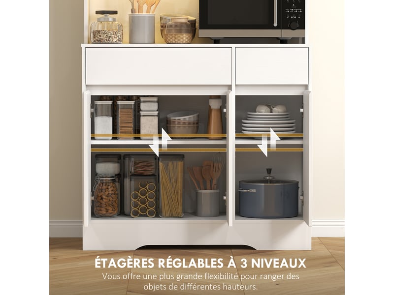  Buffet cuisine meuble cuisine rangement haut avec lumière led rgb, plan de travail, 6 portes, blanc, 2 tiroirs  - Conforama R