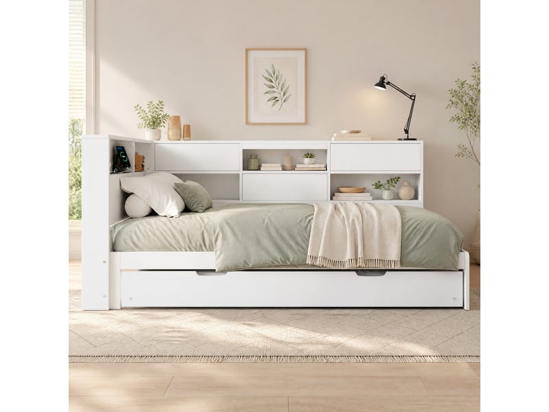  Lit gigogne 90x200 cm avec rangements et ports usb, blanc  - Conforama C