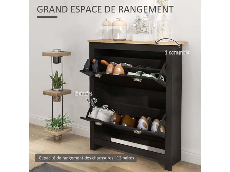  Armoire à chaussures 2 portes abattantes 2 compartiments poignées coquilles métal 79 x 23 x 90,5 cm noir chêne  - Conforama E